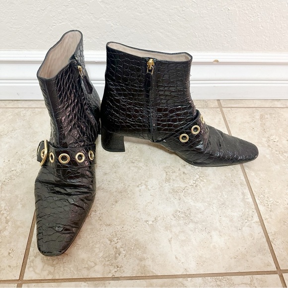 Authentic Prada Black Croc-Embossed Ankle Booties with Gold Accents - Picture 7 of 10